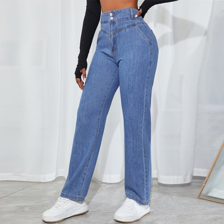 Damen hochtaillierte gerade geschnittene Jeanshose mit V-förmigem Bund und weitem Bein Nord Taschen