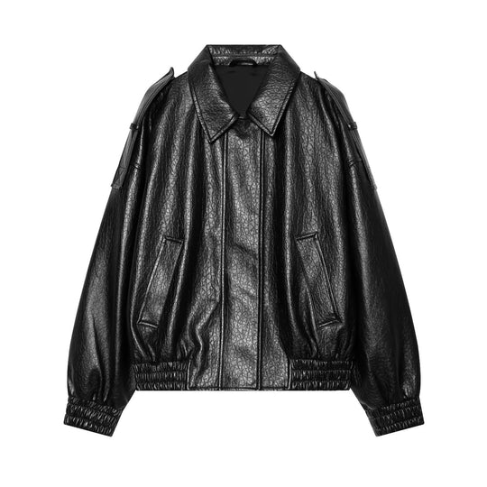 Damen Oversized Kunstleder-Bomberjacke mit Schulterklappen und gerafftem Saum Nord Taschen