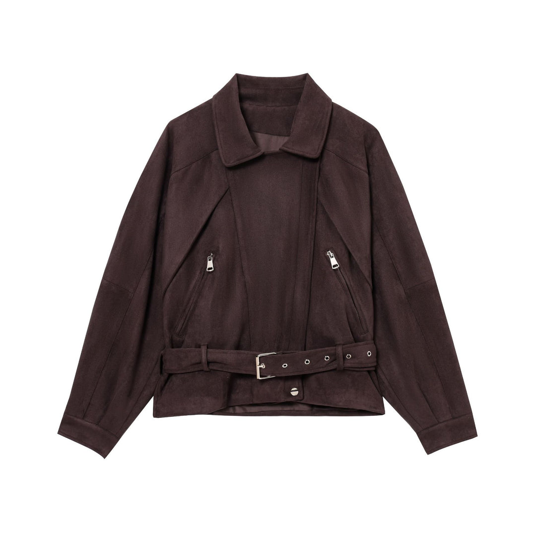 Damen Kurze Wildlederoptik-Trenchjacke mit Taillengürtel und Reißverschluss-Details Nord Taschen