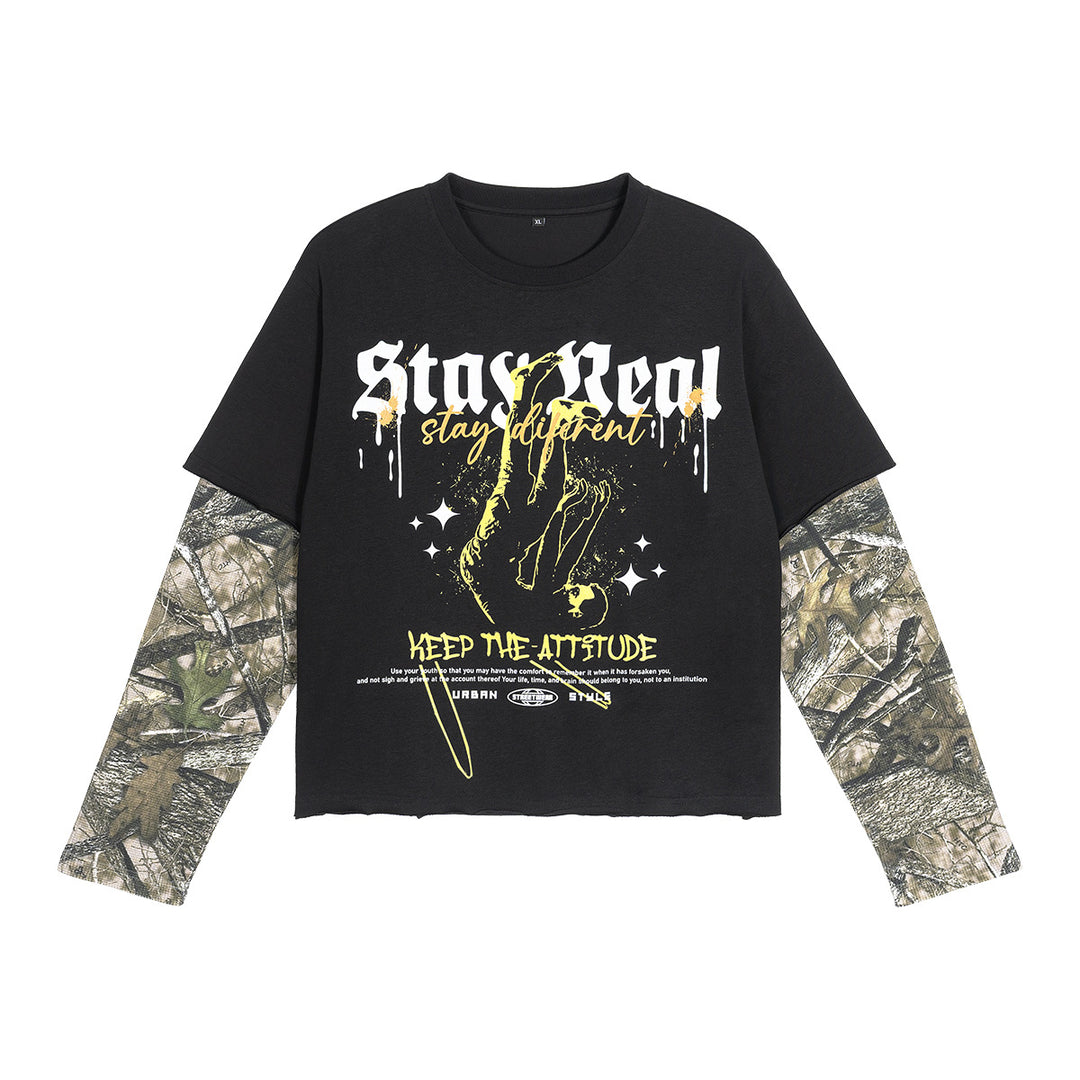 Herren Lagen-Langarm-T-Shirt mit Camouflage-Innensärmeln und Gothic-Print Nord Taschen