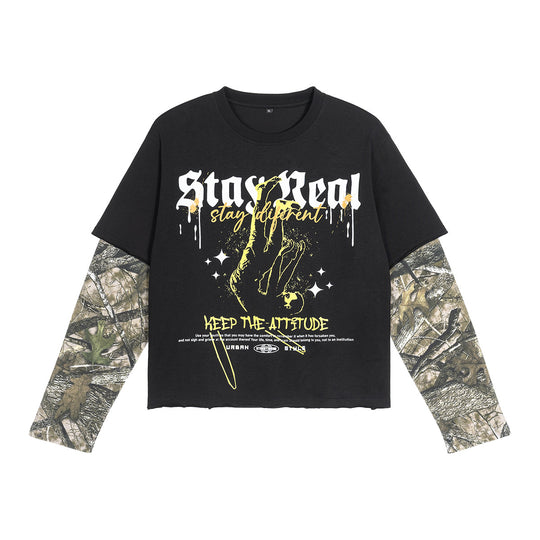 Herren Lagen-Langarm-T-Shirt mit Camouflage-Innensärmeln und Gothic-Print Nord Taschen