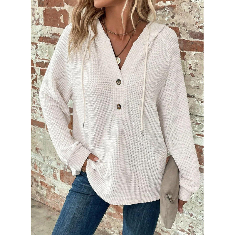 Damen Waffelstrick-Hoodie mit Henley-Knopfleiste und Oversize-Schnitt Nord Taschen