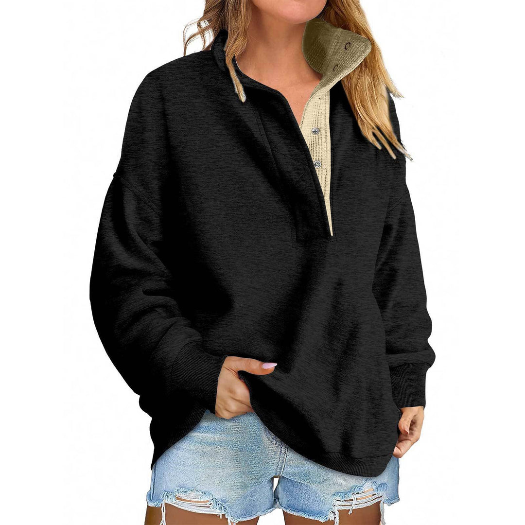 Damen Oversize-Henley-Sweatshirt mit Stehkragen und Druckknopfleiste Nord Taschen