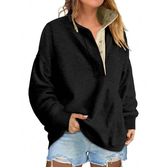 Damen Oversize-Henley-Sweatshirt mit Stehkragen und Druckknopfleiste Nord Taschen