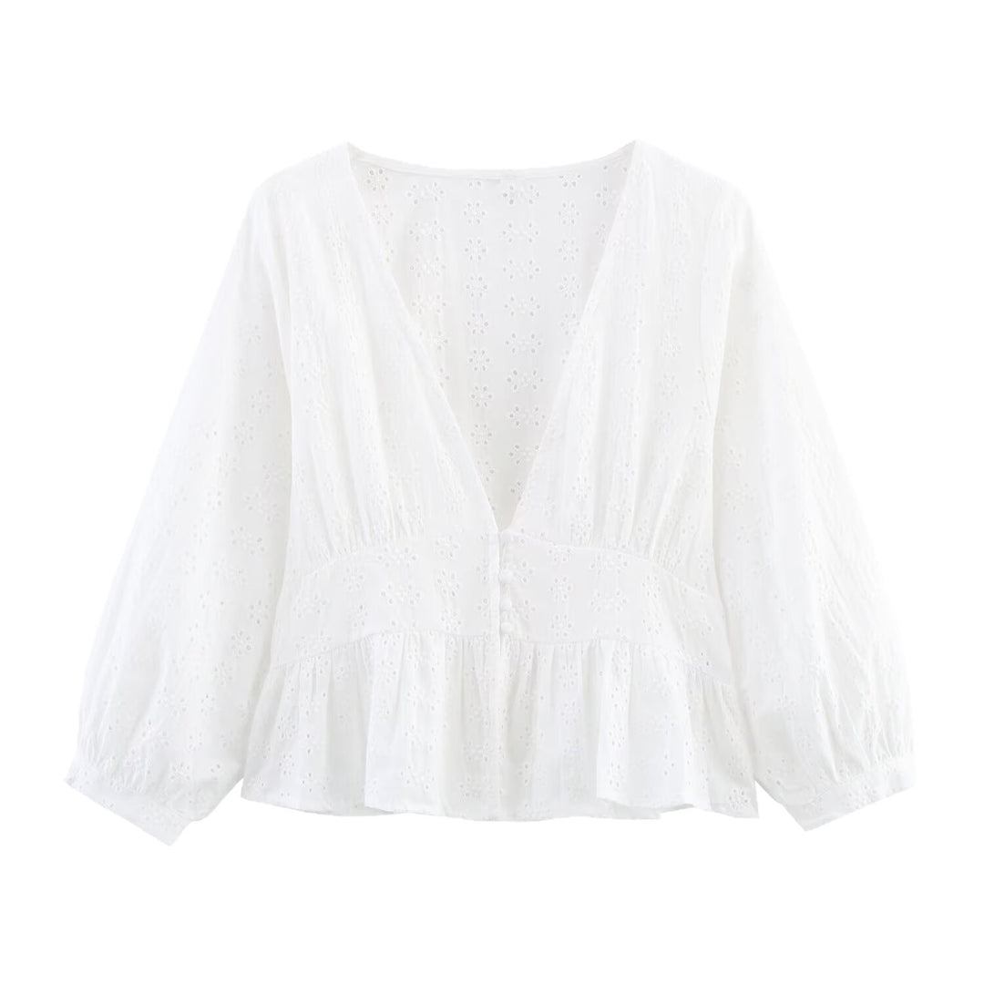 Damen Weiche Broderie-Anglaise-Bluse mit tiefem V‑Ausschnitt, Taillennaht und Volant Nord Taschen
