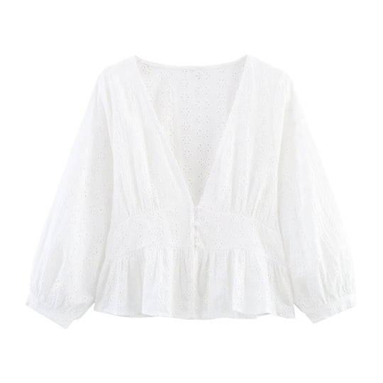 Damen Weiche Broderie-Anglaise-Bluse mit tiefem V‑Ausschnitt, Taillennaht und Volant Nord Taschen