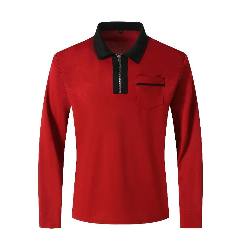 Herren nan elegantes Langarm-Poloshirt mit markantem Stehkragen Metall-Kurzreißverschluss und Brustleistentasche
