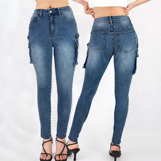 Damen High‑Waist Slim‑Cargo‑Jeans mit Klappentaschen und Reißverschluss-Details Nord Taschen