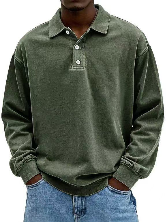 Herren nan lässiges Poloshirt-Sweatshirt mit Kragen, Vintage-Waschung und dreiteiliger Knopfleiste