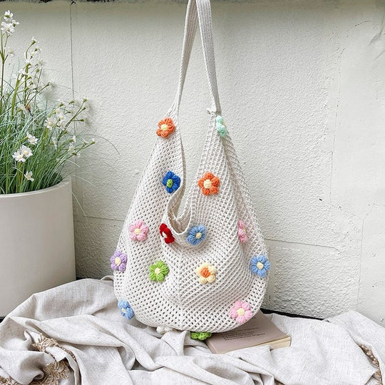 Damen modische Netz-Beuteltasche mit bunten Blumen-Applikationen Nord Taschen