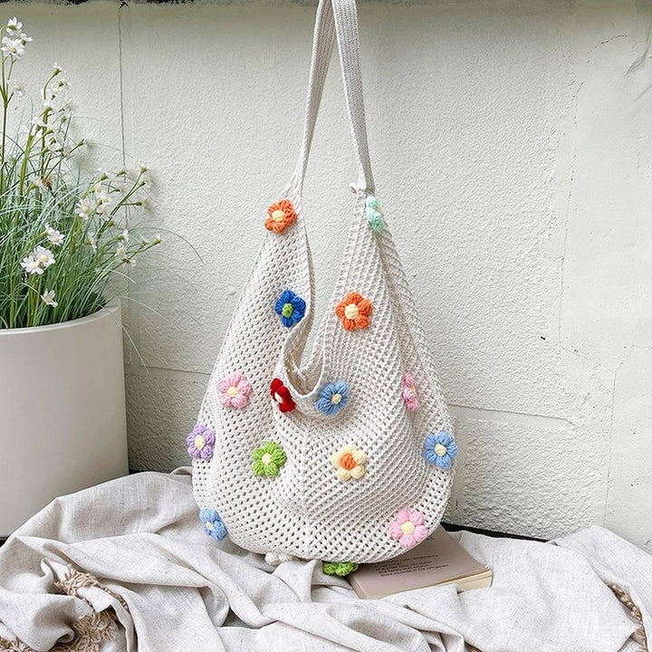 Damen modische Netz-Beuteltasche mit bunten Blumen-Applikationen Nord Taschen