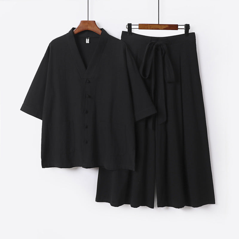 Damen Zweiteiliges Kimono-Lounge-Set mit Kurzarm-Knopfjacke, aufgesetzten Taschen und weiten Palazzo-Hosen Nord Taschen