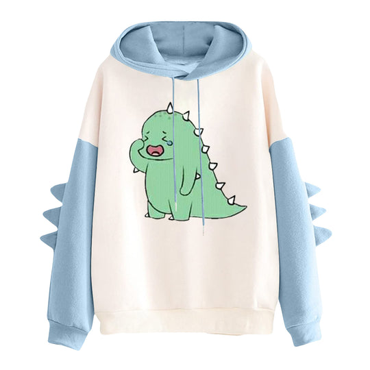 Damen nan Kapuzenpullover mit niedlichem Dino-Print, kontrastkapuze und dekorativen Stoffstacheln Nord Taschen