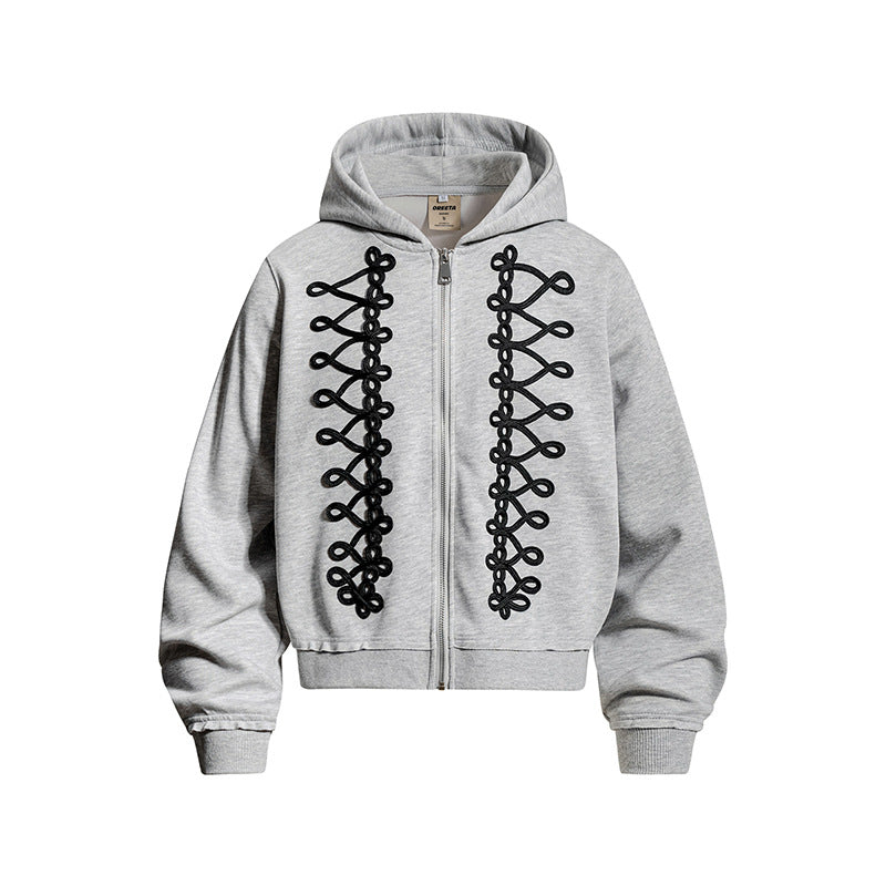 Damen Kapuzen-Sweatjacke mit dekorischer Frogging-Stickerei und durchgehendem Reißverschluss Nord Taschen
