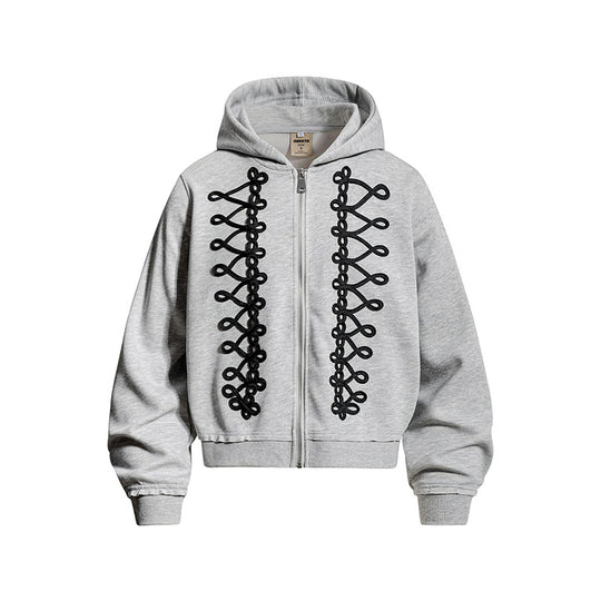 Damen Kapuzen-Sweatjacke mit dekorischer Frogging-Stickerei und durchgehendem Reißverschluss Nord Taschen