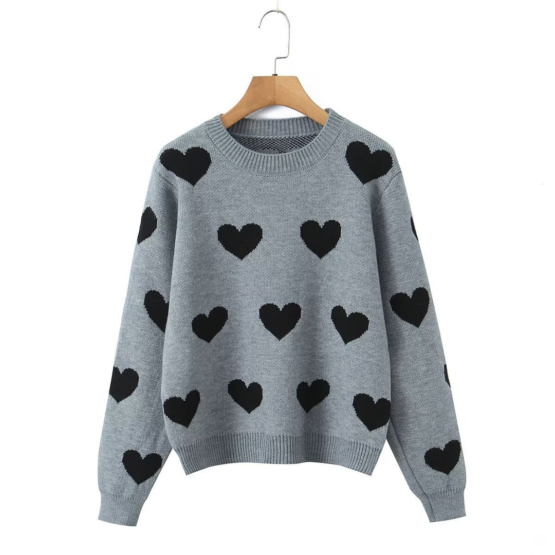 Damen Gemusterter Oversize Strickpullover mit Herzjacquard und Rundhalsausschnitt Nord Taschen