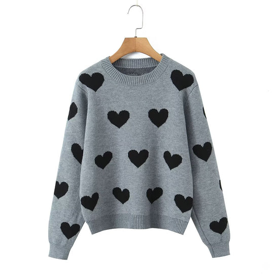 Damen Gemusterter Oversize Strickpullover mit Herzjacquard und Rundhalsausschnitt Nord Taschen