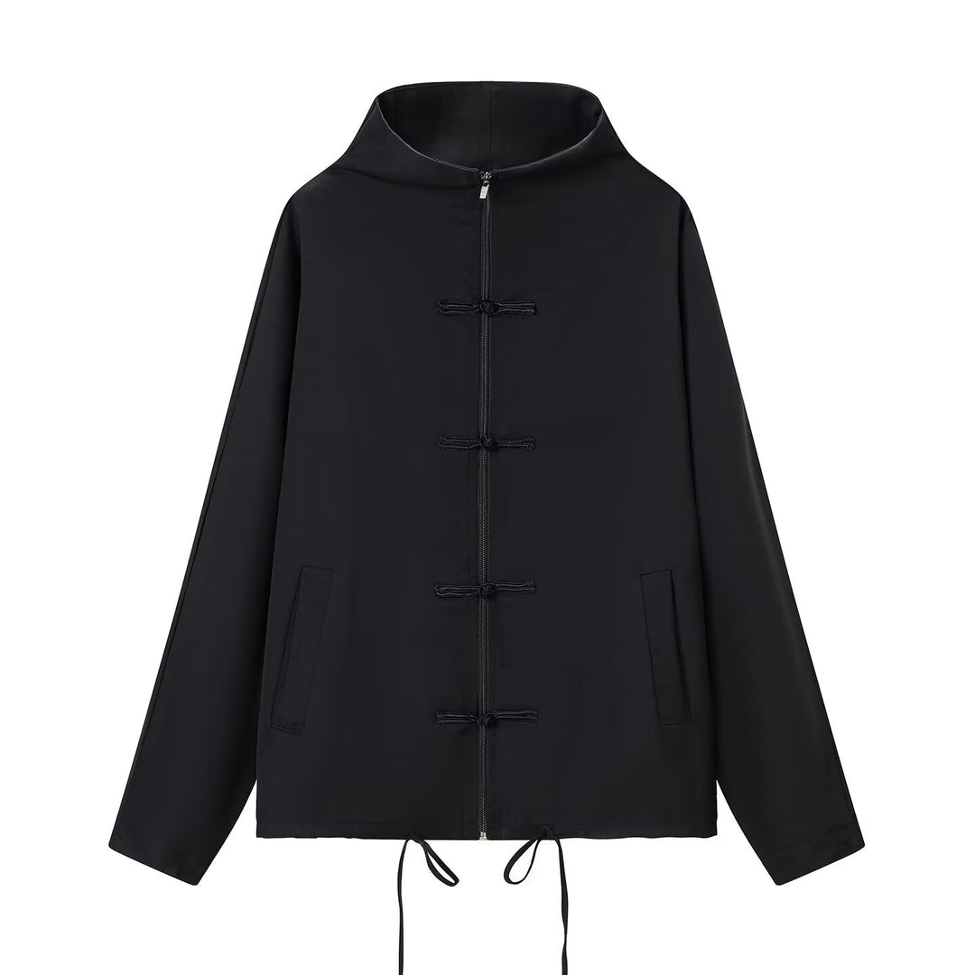 Damen leichte Boxy-Jacke mit Stehkragen, Zipper-Front, Kordelzug und dekorativen Knotenverschlüssen Nord Taschen