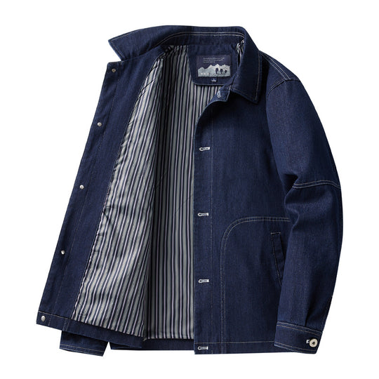 Herren Denim-Workerjacke mit geradem Schnitt, Kontrastnähten & gestreiftem Innenfutter Nord Taschen