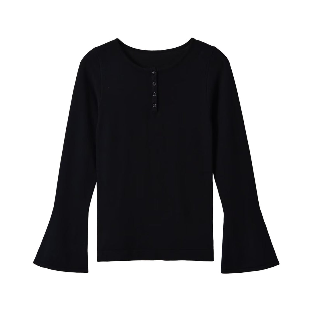Damen Feinstrick-Longsleeve mit Henley-Knopfleiste und ausgestellten Trompetenärmeln Nord Taschen