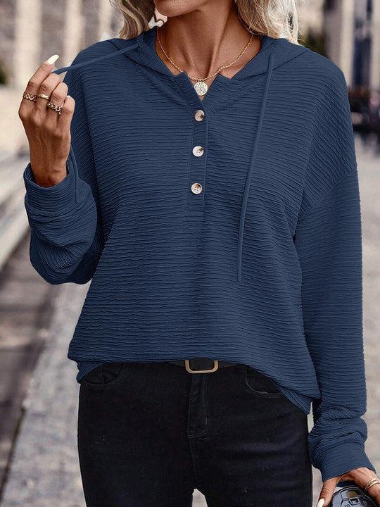 Damen Texturierter Kapuzen-Henleypullover mit Knopfleiste Nord Taschen