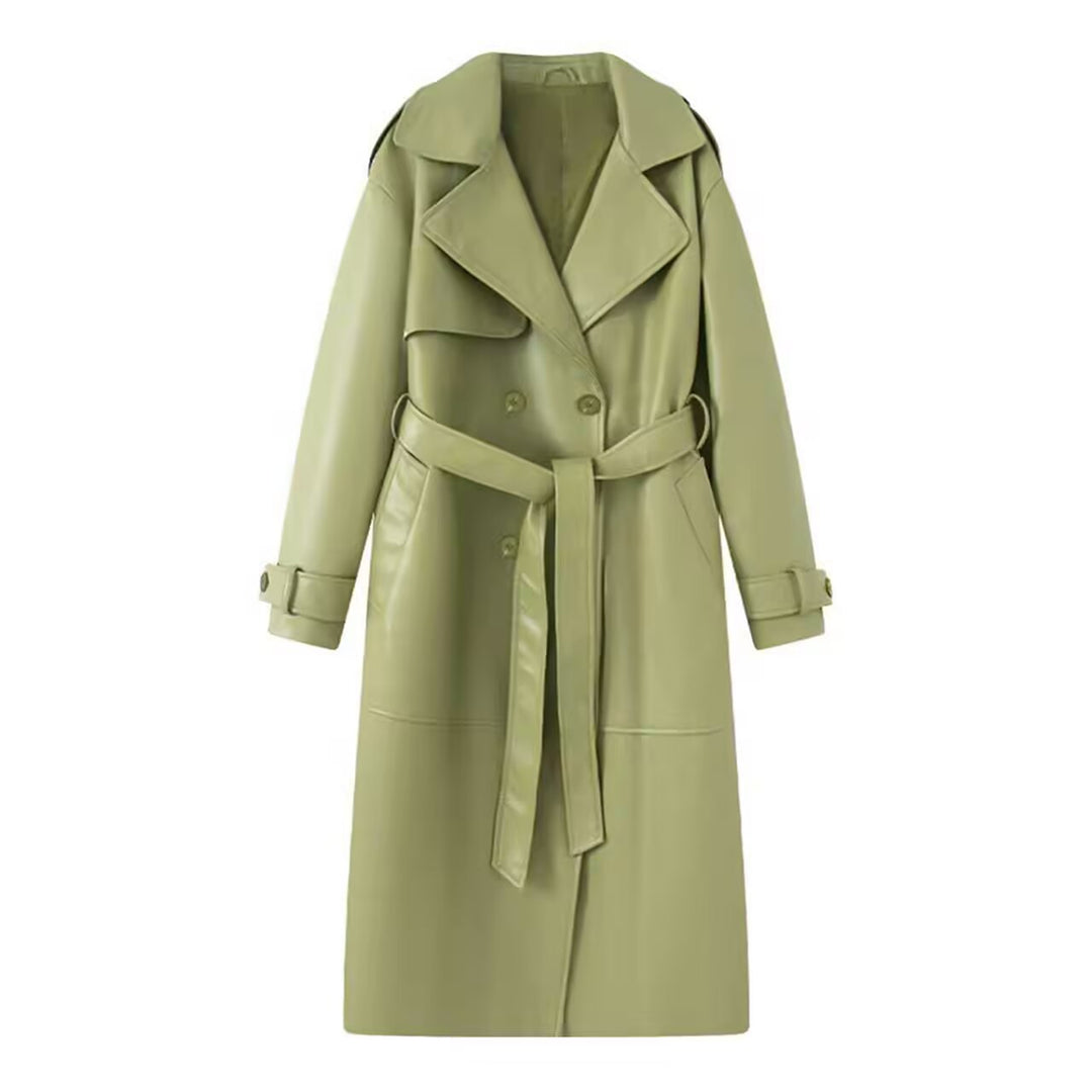 Damen 40+ langer Trenchcoat aus Kunstleder mit Taillengürtel und doppelreihiger Knopfleiste Nord Taschen