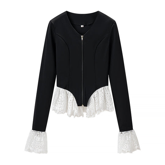 Damen Taillierte Zip‑Jacke mit Spitzenvolant am Saum und Ärmelabschluss Nord Taschen