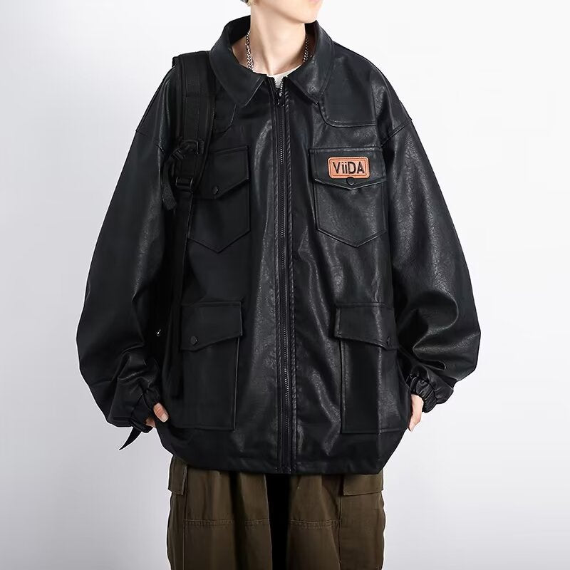 Unisex Oversized Utility Lederimitat Jacke mit Mehreren Klappentaschen Nord Taschen