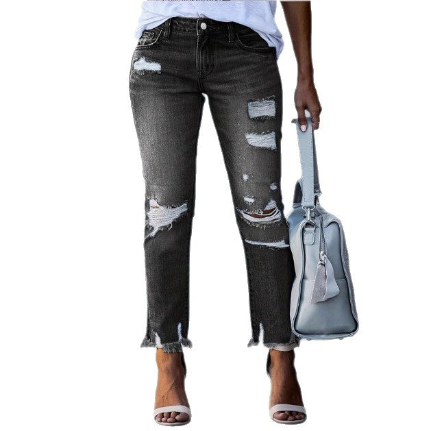 Damen Cropped Destroyed-Jeans mit hohem Bund, geradem Bein & rohem Fransen-Saum Nord Taschen