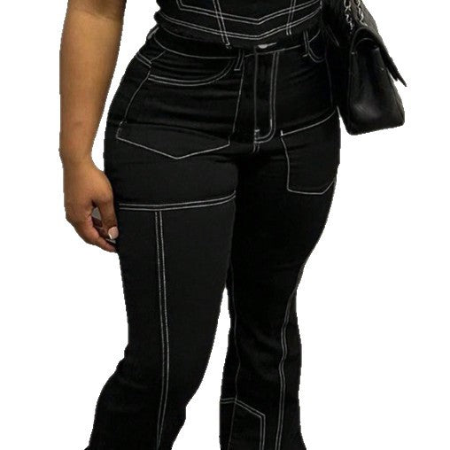 Damen High-Waist Flared-Jeans mit Kontrastnähten und Cargo‑Einsätzen Nord Taschen