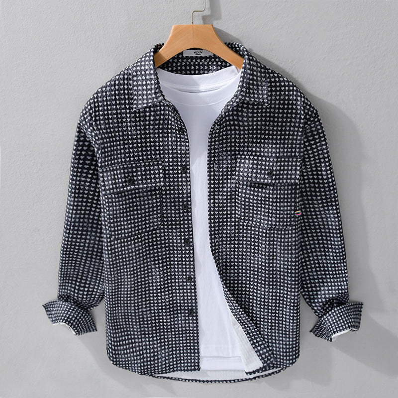 Herren Hemdjacke-Overshirt aus Baumwollmix mit Miniherz-Alloverprint und Brusttaschen Nord Taschen