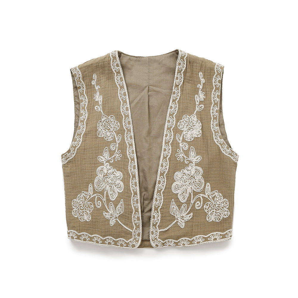 Damen Ärmellose Leinenweste mit floraler Reliefstickerei und offener Front Nord Taschen