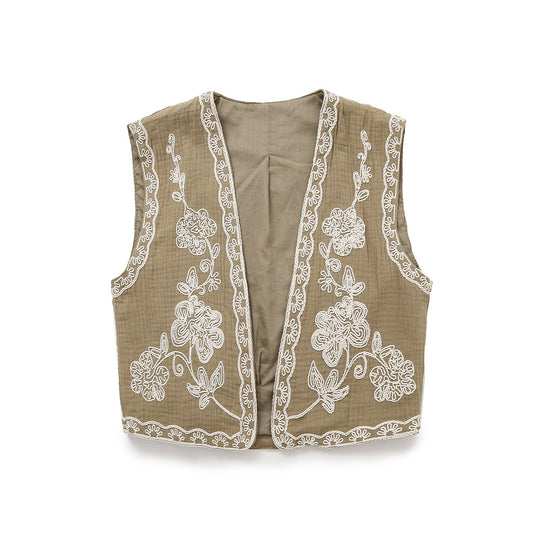 Damen Ärmellose Leinenweste mit floraler Reliefstickerei und offener Front Nord Taschen