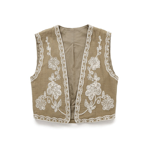 Damen Ärmellose Leinenweste mit floraler Reliefstickerei und offener Front Nord Taschen