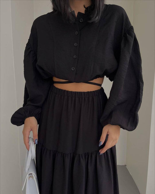 Damen Zweiteiliges Boho-Set mit Cropped-Bluse und Maxirock mit Schlitz Nord Taschen