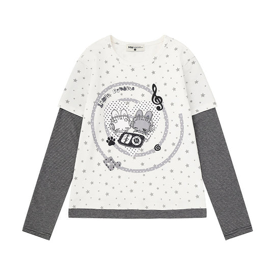 Damen Lagen-Langarmshirt mit Sternen-Allover, gestreiften Einsatzärmeln und Comic-Hasen-Frontprint Nord Taschen