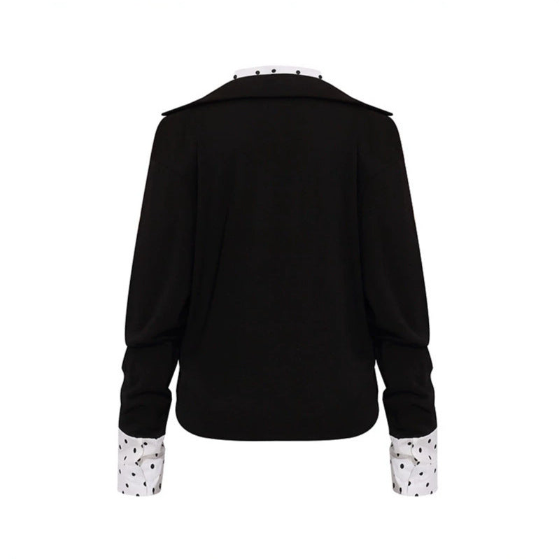 Damen Lagen-Langarmshirt mit tiefem V-Ausschnitt, angenähter Hemdblende und Polka-Dot-Details Nord Taschen