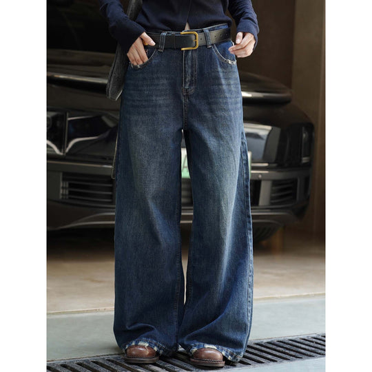 Damen Weite Vintage-Denim Jeans mit hohem Bund und ausgefranstem Saum Nord Taschen