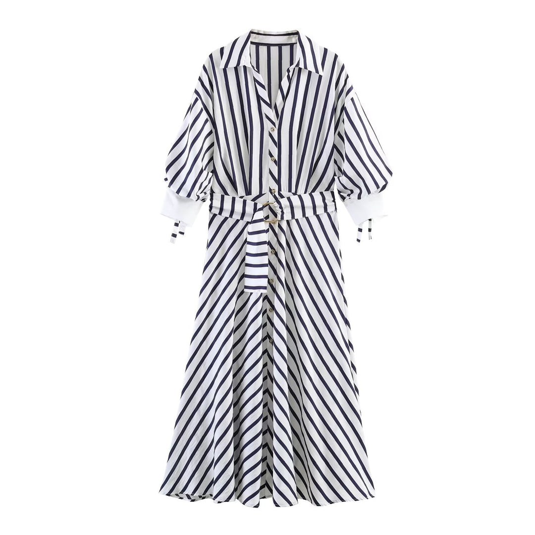 Damen Midi-Hemdblusenkleid mit diagonalen Streifen, tailliertem Bindegürtel und Ballonärmeln Nord Taschen