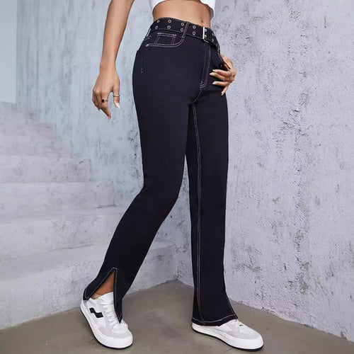 Damen High-Waist Straight-Jeans mit seitlichem Knöchelschlitz und Kontrastnaht Nord Taschen