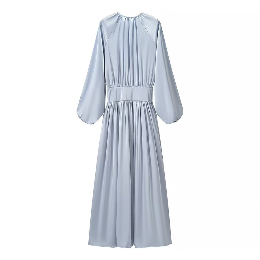 Damen Midaxi-Kleid aus Satinoptik mit geraffter Taillenblende und voluminösen Ballonärmeln Nord Taschen