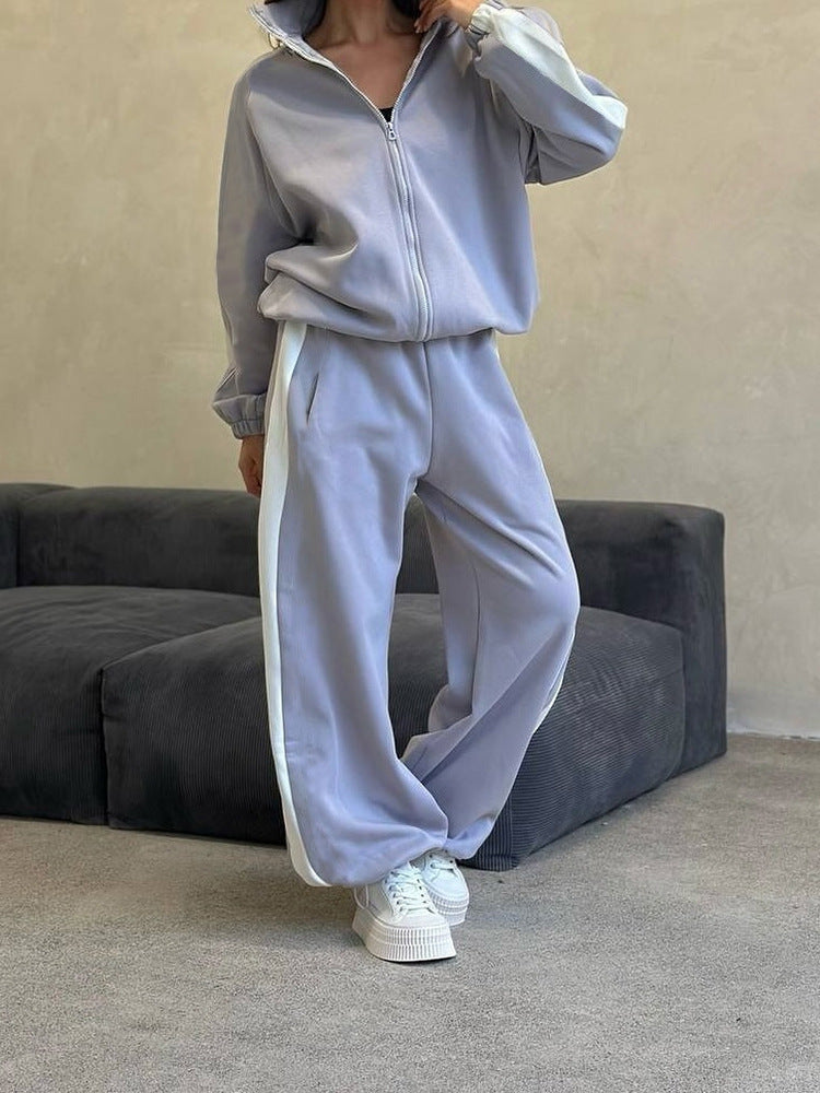 Damen weites Zip-Sweatset mit Kapuze, hohen Bund und seitlichem Kontraststreifen Nord Taschen