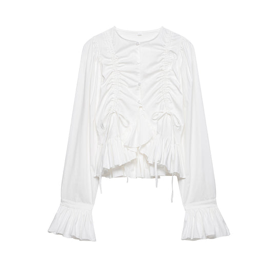 Damen Rüschige Bluse mit Kordelzug, Ballonärmeln und Volant-Saum Nord Taschen