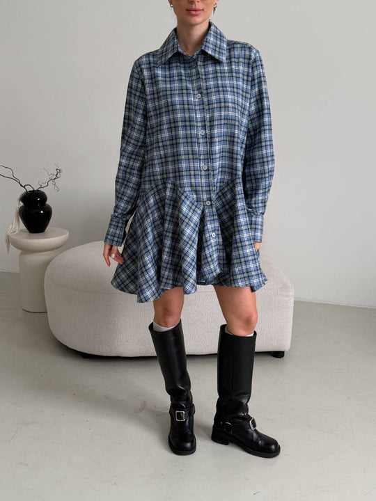 Damen Kariertes Hemdblusen-Minikleid mit ausgestellter Volant-Taille Nord Taschen