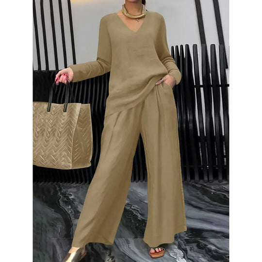 Damen Feiner V-Ausschnitt Strickpullover mit fließender Palazzo-Hose Nord Taschen