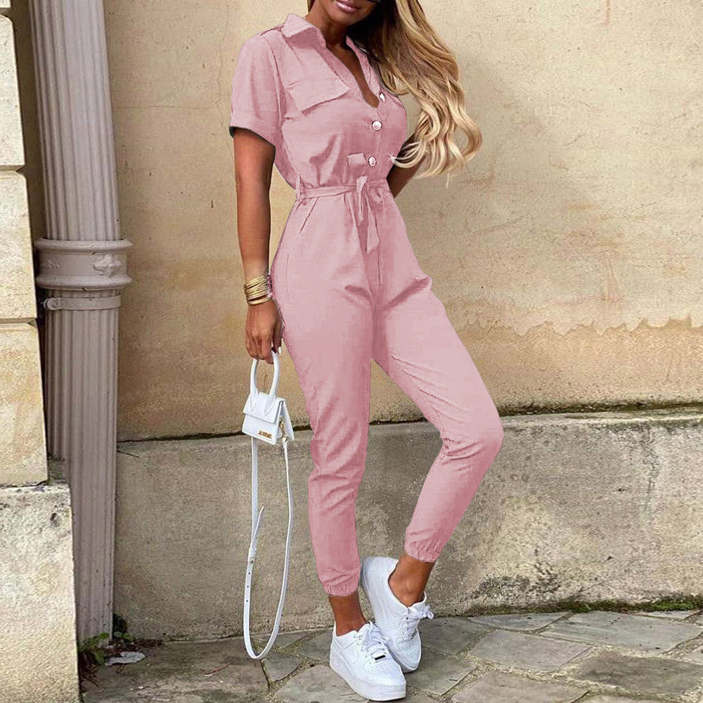 Damen Kurzarm-Utility-Overall mit Taillenbindegürtel und schmalem Joggerbein Nord Taschen