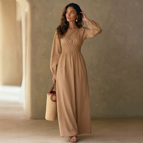 Damen Maxikleid mit Smok-Taillenband, Quadrat-Ausschnitt und langen Ballonärmeln Nord Taschen
