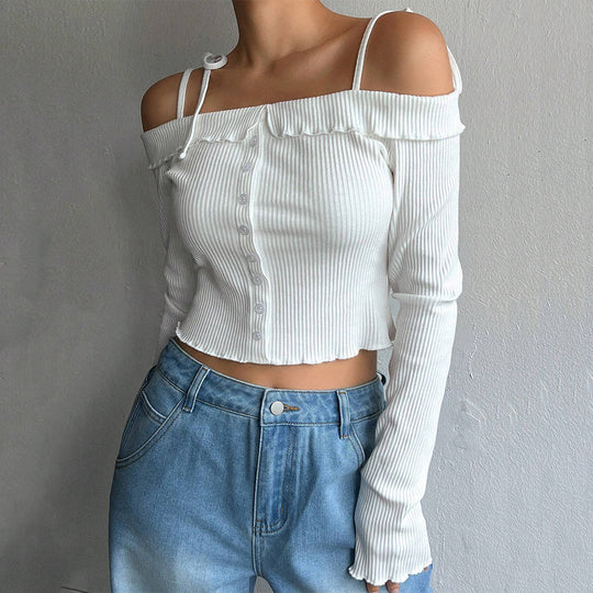 Damen geripptes schulterfreies Langarm-Cropped-Top mit Knopfleiste und Rüschensaum Nord Taschen