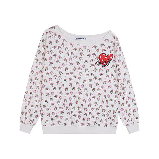 Damen Sweatshirt mit Allover-Cartoonprint, weitem Rundhalsausschnitt und Herz-Patch Nord Taschen