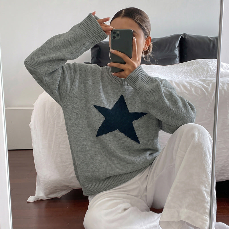 Damen Relaxed-Strickpullover mit Stern-Intarsie, Rundhalsausschnitt & lässigem Sitz Nord Taschen